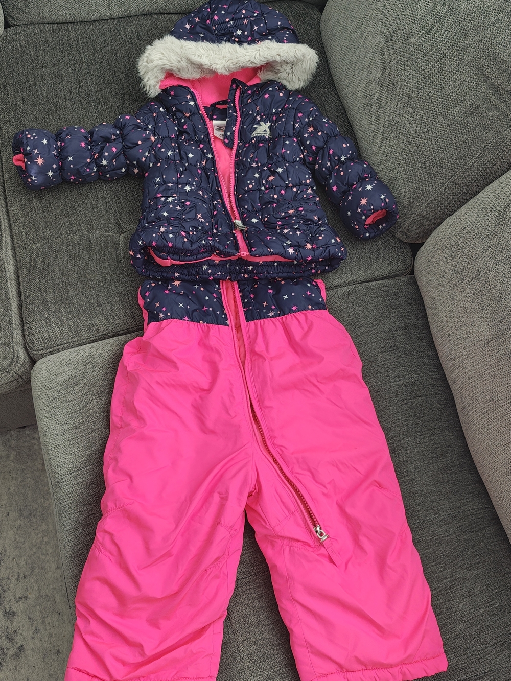 Girls Navy Star Puffer Jacket with Hot Pink Snow Pants 18M